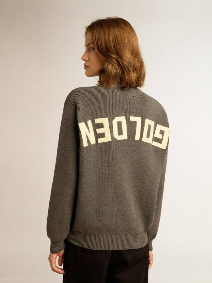 Women's Round-Neck Sweater In Dark Gray Cotton With Logo On The Back Dark Gray Melange Knitwear Women Golden Goose