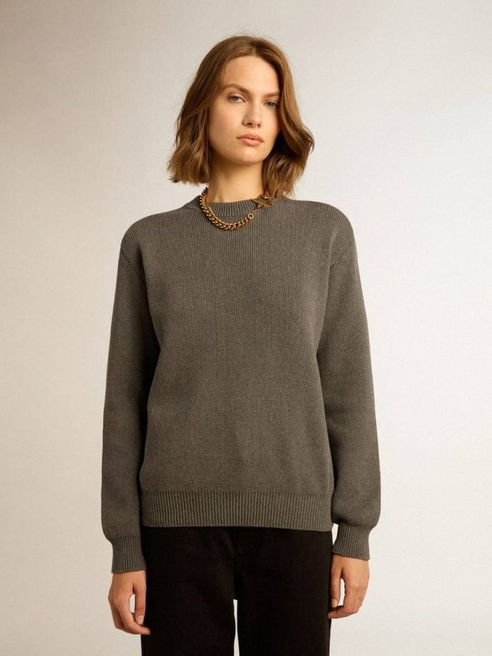 Women's Round-Neck Sweater In Dark Gray Cotton With Logo On The Back Dark Gray Melange Knitwear Women Golden Goose