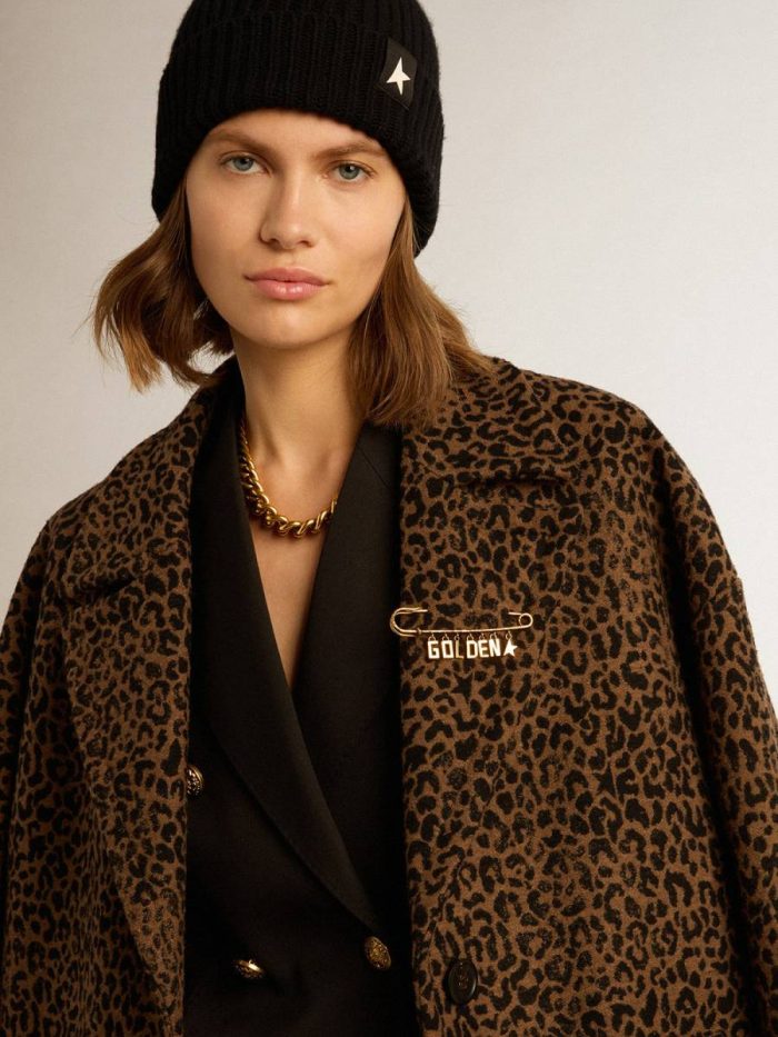 Women's Single-Breasted Cocoon Coat In Wool With Jacquard Motif Women Animal Tones Coats & Jackets Golden Goose