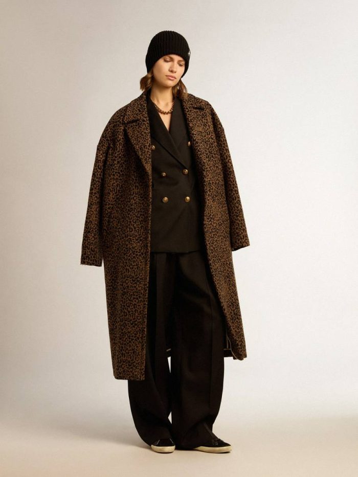 Women's Single-Breasted Cocoon Coat In Wool With Jacquard Motif Women Animal Tones Coats & Jackets Golden Goose