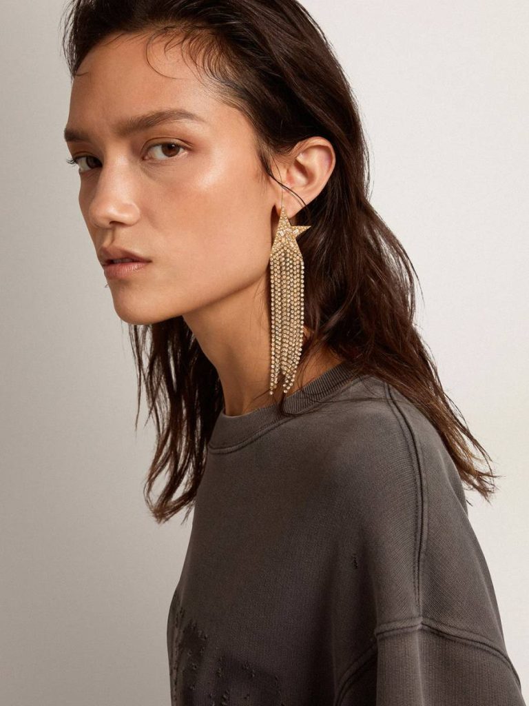 Women's Single Drop Earring In Antique Gold Color With Decorative Crystals Antique Gold Women Golden Goose Jewelry