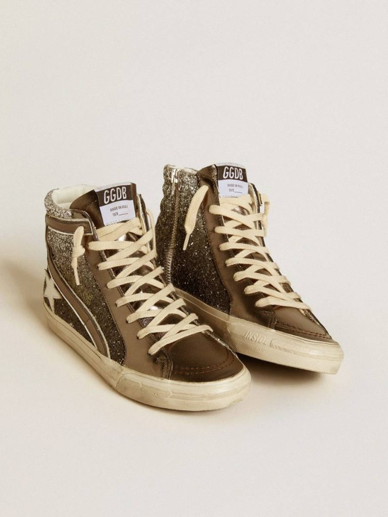 Women's Slide In Black And Silver Glitter With Leather Star And Metallic Flash Slide Golden Goose Women
