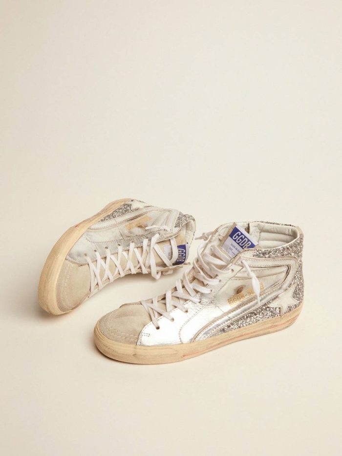 Women's Slide With Laminated Leather Upper And Silver Glitter Slide Golden Goose Women Silver