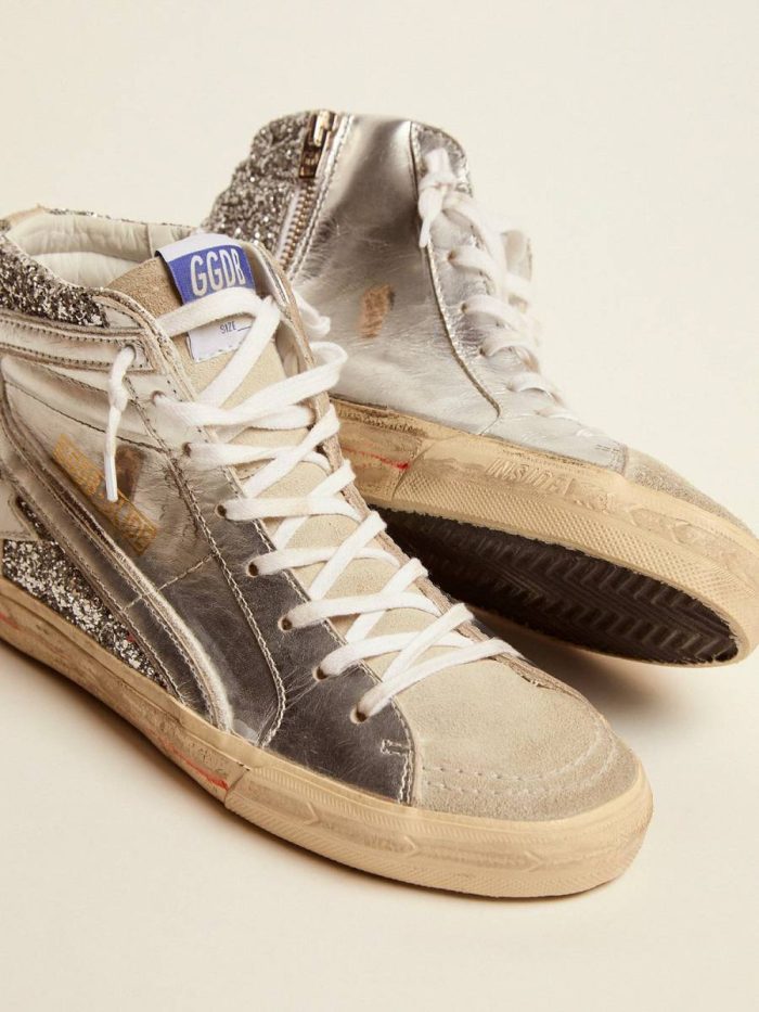 Women's Slide With Laminated Leather Upper And Silver Glitter Slide Golden Goose Women Silver