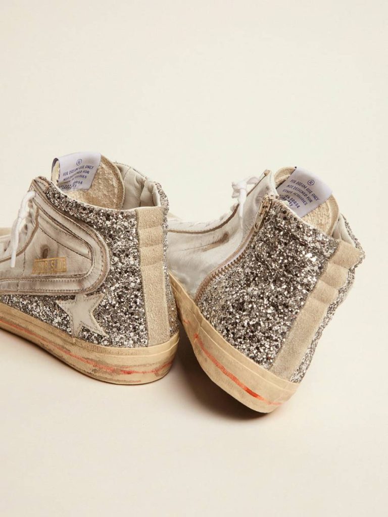 Women's Slide With Laminated Leather Upper And Silver Glitter Slide Golden Goose Women Silver