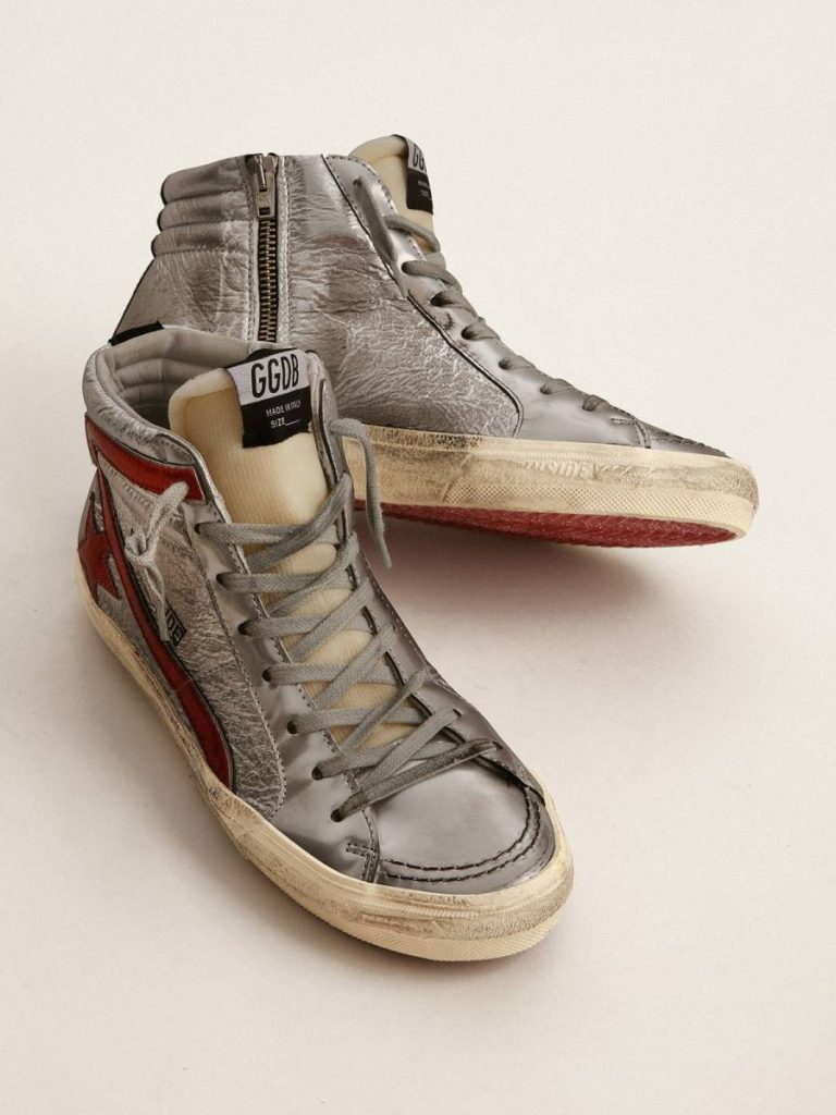 Women’s Slide With Silver Metallic Leather Upper And Red Metallic Leather Flash Slide Women Golden Goose