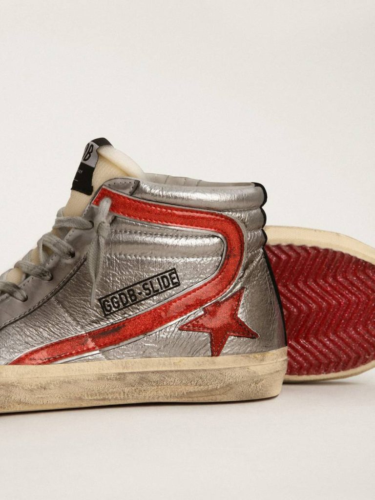 Women’s Slide With Silver Metallic Leather Upper And Red Metallic Leather Flash Slide Women Golden Goose