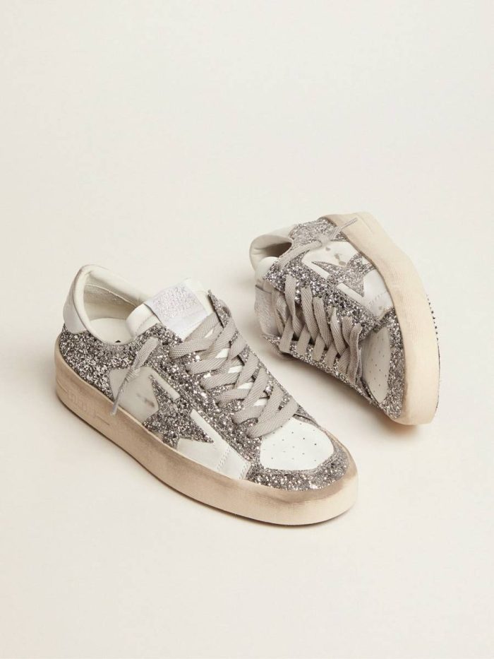 Women's Stardan In White Leather And Glitter White And Silver Women Stardan Golden Goose