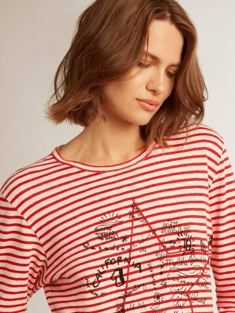 Women's T-Shirt With White And Red Stripes And Embroidery On The Front Golden Goose White And Red Women T-Shirts & Tops