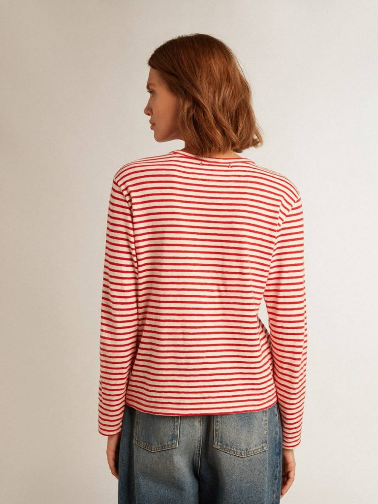 Women's T-Shirt With White And Red Stripes And Embroidery On The Front Golden Goose White And Red Women T-Shirts & Tops