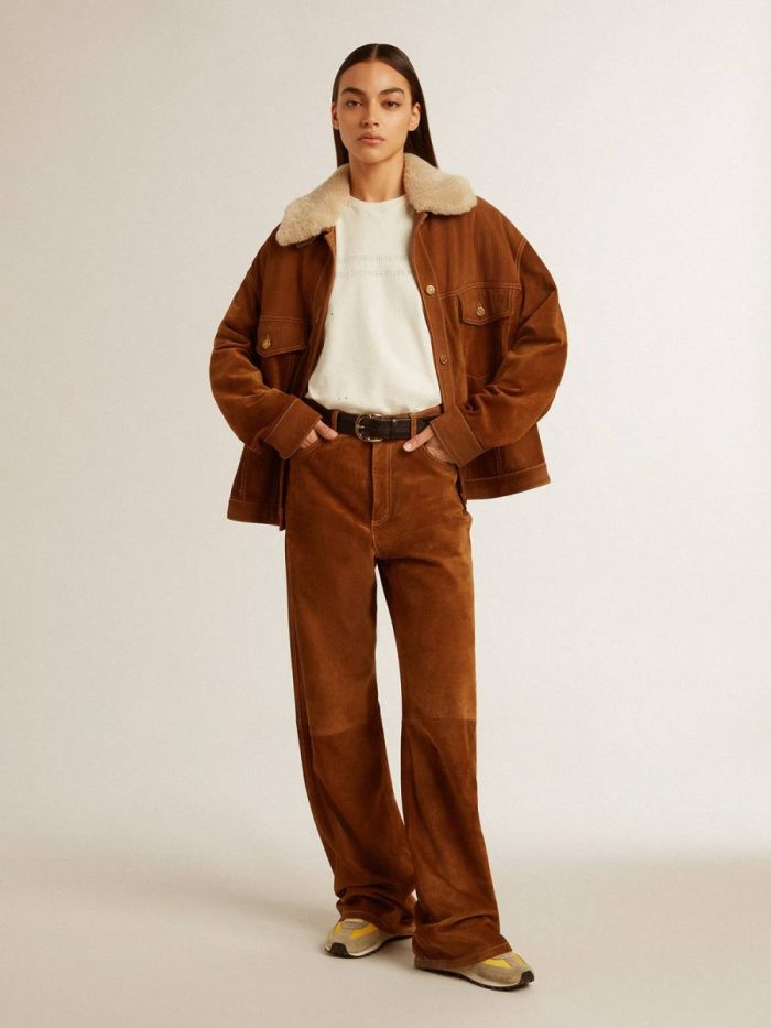 Women's Tobacco-Colored Split Leather Pants Tobacco Golden Goose Jeans & Pants Women