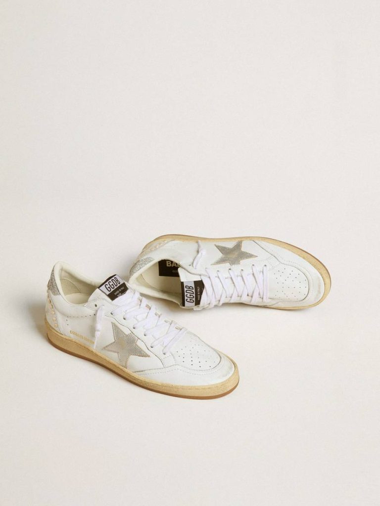 Women's White Ball Star With A Silver Star And Swarovski Crystal Heel Tab With Pearls Ball Star Golden Goose Women