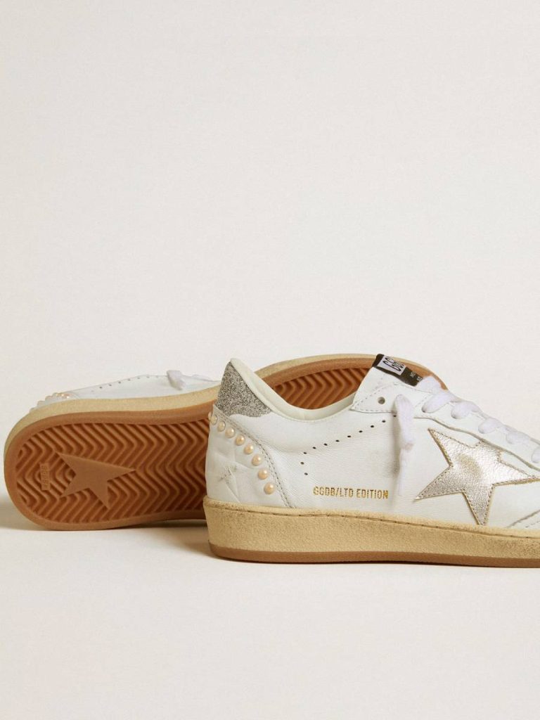 Women's White Ball Star With A Silver Star And Swarovski Crystal Heel Tab With Pearls Ball Star Golden Goose Women