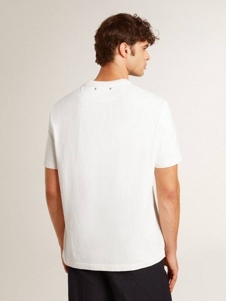 Worn White Men's Worn-White Cotton T-Shirt With Black Lettering T-Shirts & Polo Shirts Men Golden Goose