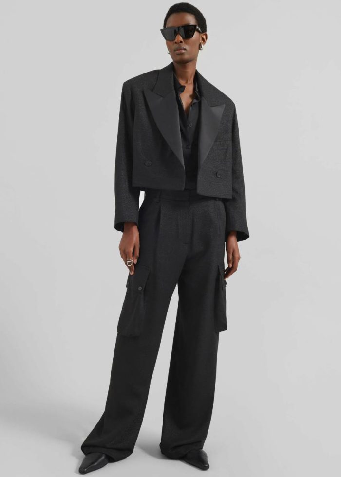 Black Outerwear The Frankie Shop Rosmont Shimmer Cropped Smoking Jacket - Black Women