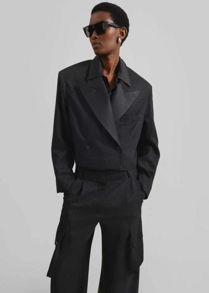 Black Outerwear The Frankie Shop Rosmont Shimmer Cropped Smoking Jacket - Black Women