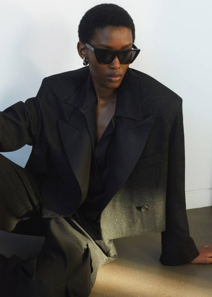 Black Outerwear The Frankie Shop Rosmont Shimmer Cropped Smoking Jacket - Black Women