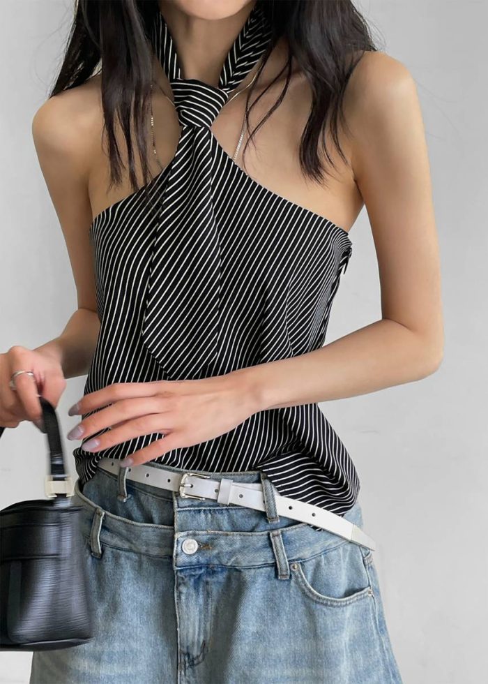 Black Sophie Tie Halter Top - Black/White Stripe Women Tops The Frankie Shop