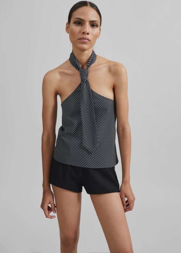 Black Sophie Tie Halter Top - Black/White Stripe Women Tops The Frankie Shop