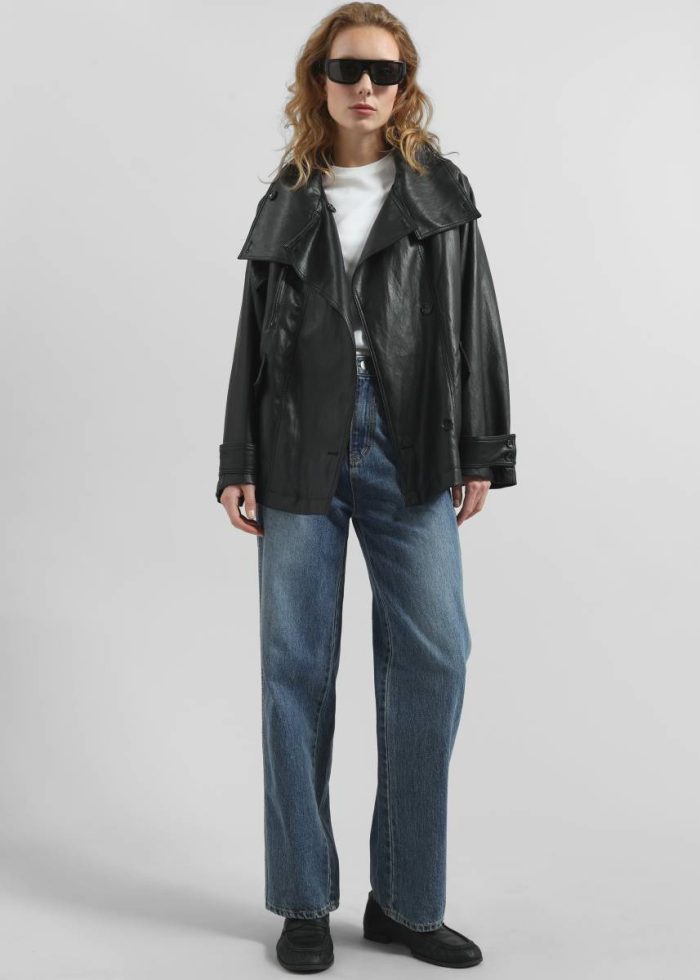 Black Women The Frankie Shop Outerwear Amunta Faux Leather Trench Jacket - Black