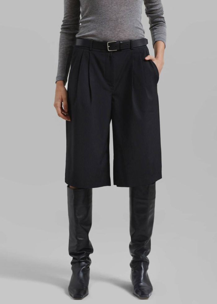 Bottoms Black Wilma Pleated Bermuda Shorts - Black Pinstripe Women The Frankie Shop