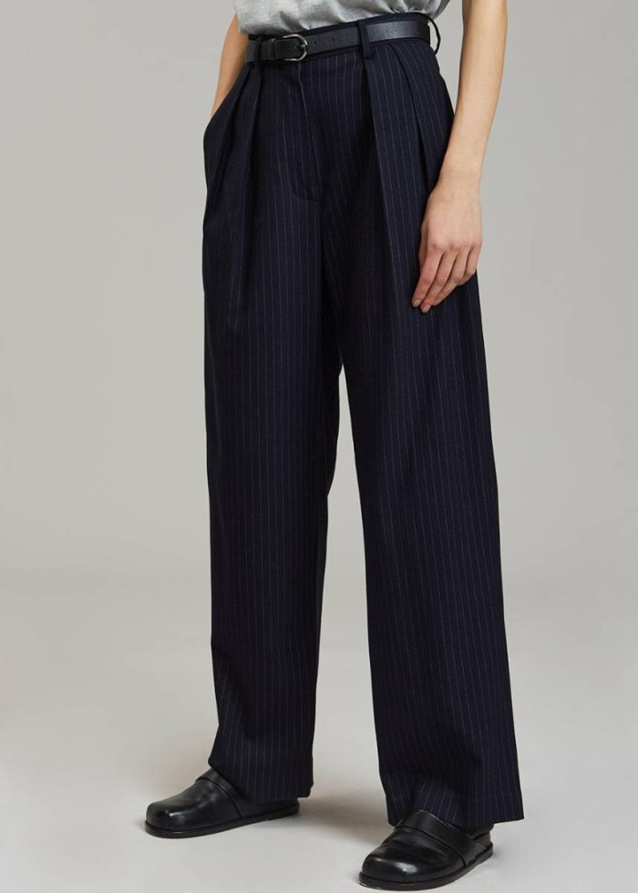 Bottoms Blue Tansy Pleated Trousers - Navy Pinstripe The Frankie Shop Women