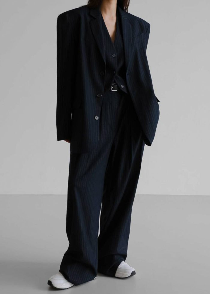 Bottoms Blue Tansy Pleated Trousers - Navy Pinstripe The Frankie Shop Women