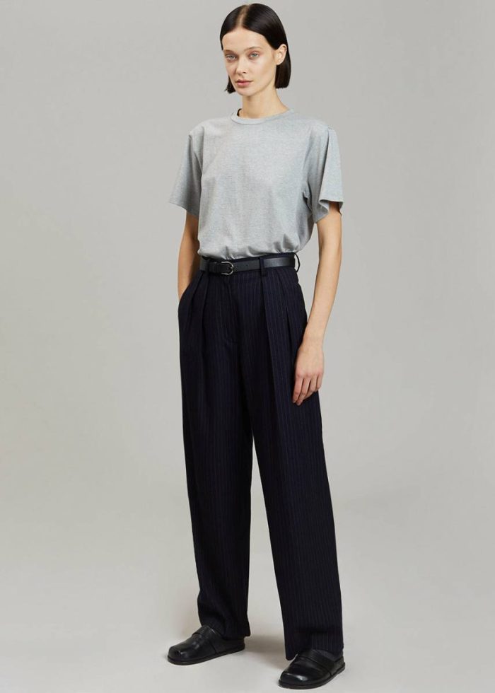Bottoms Blue Tansy Pleated Trousers - Navy Pinstripe The Frankie Shop Women