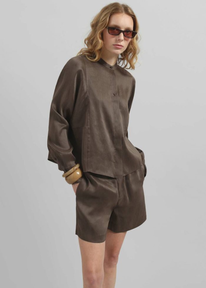 Bottoms Loulou Studio Adonia Elastic Waistband Shorts - Deep Taupe Brown Women The Frankie Shop