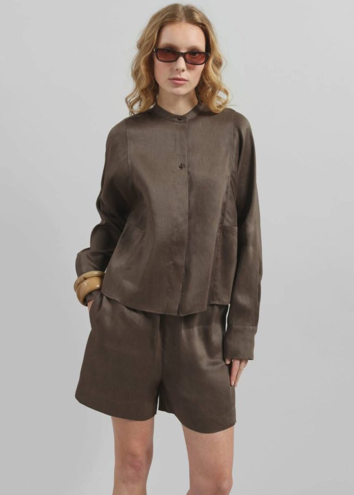 Bottoms Loulou Studio Adonia Elastic Waistband Shorts - Deep Taupe Brown Women The Frankie Shop