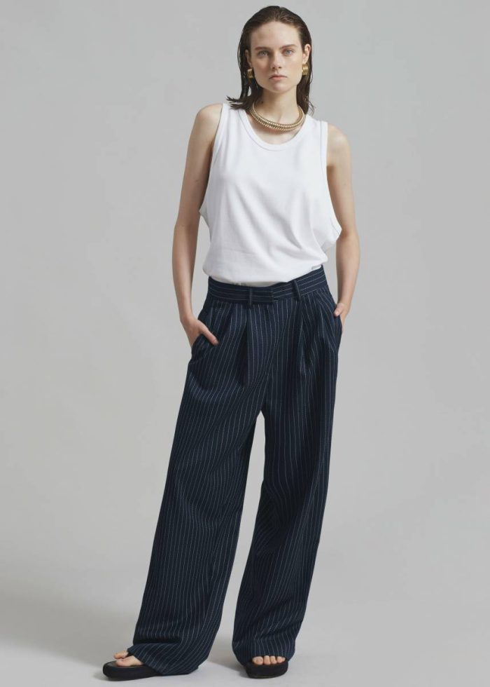 Bottoms Women Blue The Frankie Shop Ripley Pleated Twill Trousers - Navy/White Pinstripe