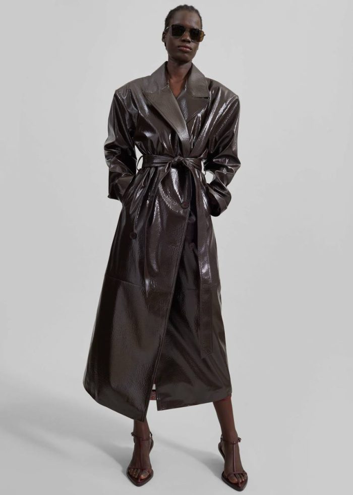 Brown The Frankie Shop Women Outerwear Tina Crackled Faux Leather Trench Coat - Brown