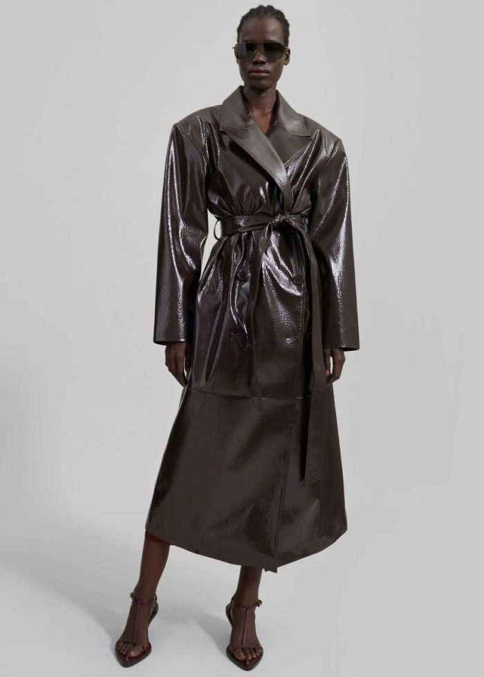 Brown The Frankie Shop Women Outerwear Tina Crackled Faux Leather Trench Coat - Brown