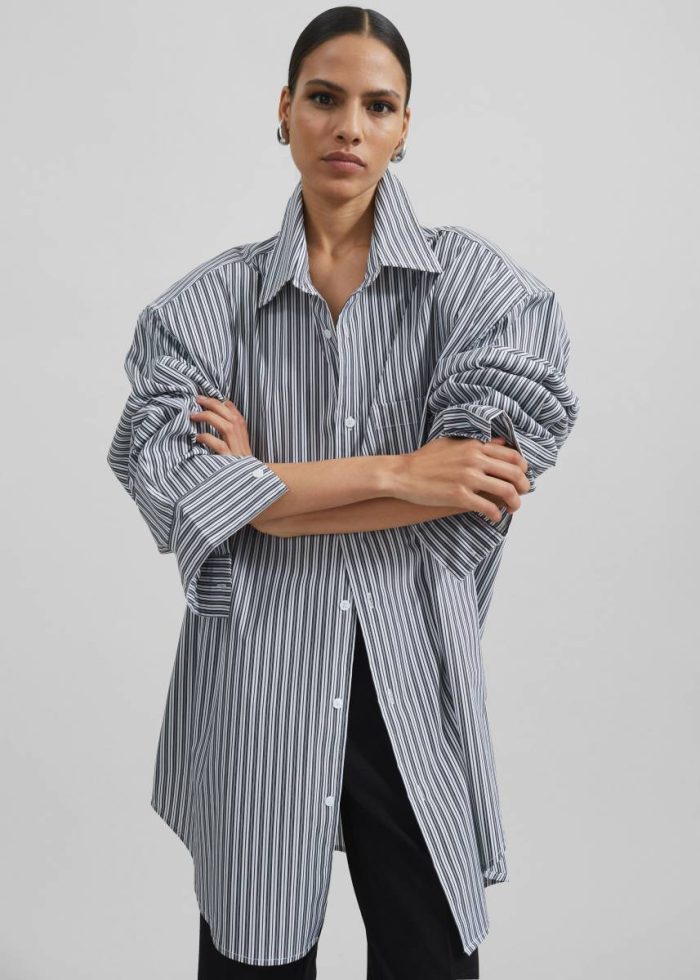 Cyrus Button Up Shirt - Black/White Stripe Black The Frankie Shop Tops Women