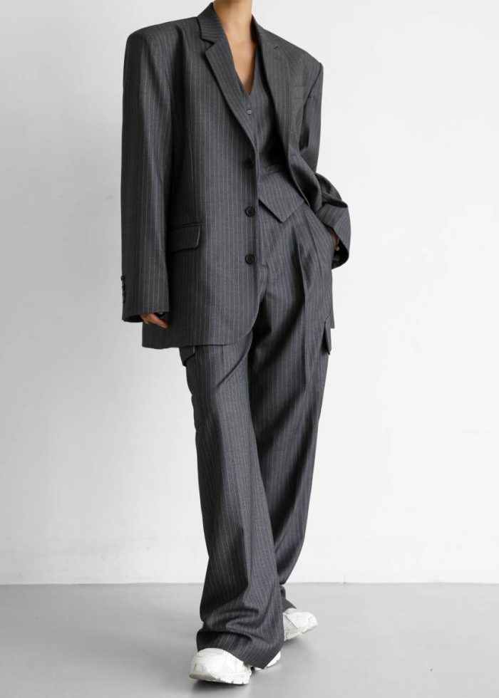 Elise Cargo Trousers - Grey/White Pinstripe Women Grey The Frankie Shop Bottoms