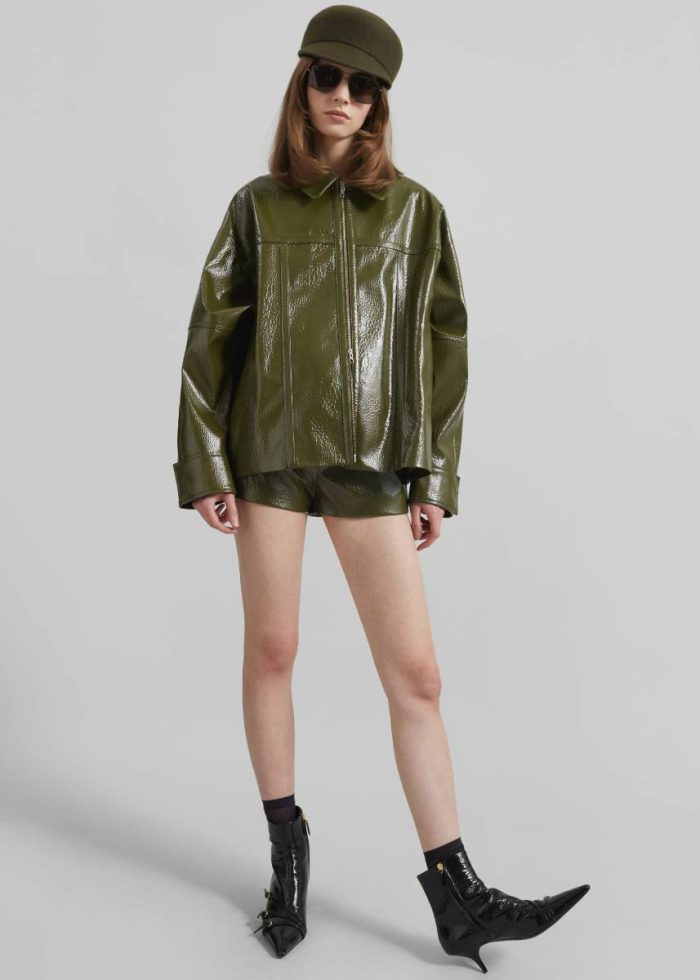 Green The Frankie Shop Women Arbor Crackled Faux Leather Jacket - Olive Outerwear