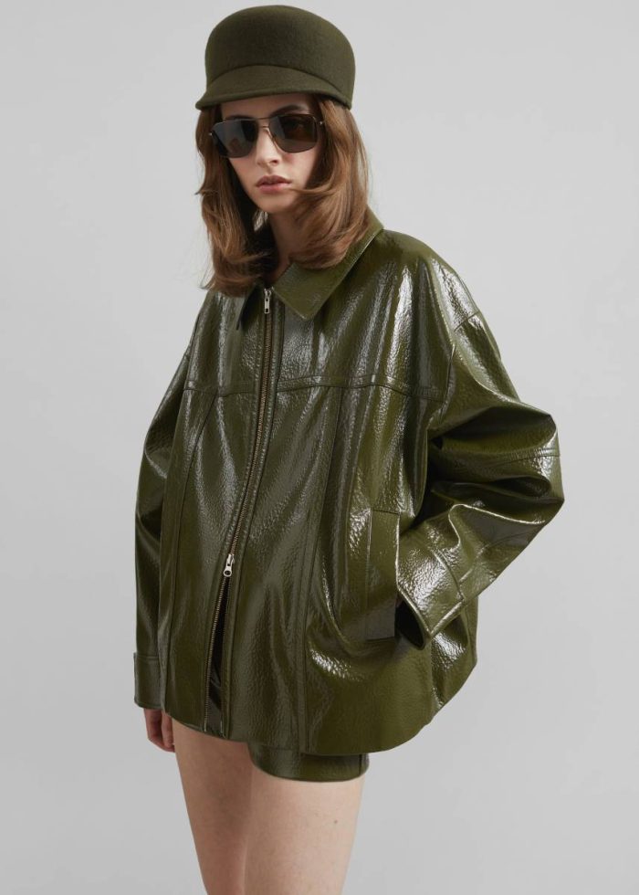 Green The Frankie Shop Women Arbor Crackled Faux Leather Jacket - Olive Outerwear