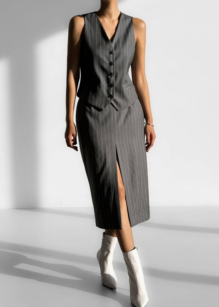 Grey The Frankie Shop Holland Midi Slit Skirt - Charcoal/White Pinstripe Bottoms Women