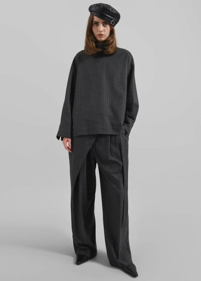 Grey The Frankie Shop Tops Women Belton Wool Blend Blouse - Charcoal/White Pinstripe