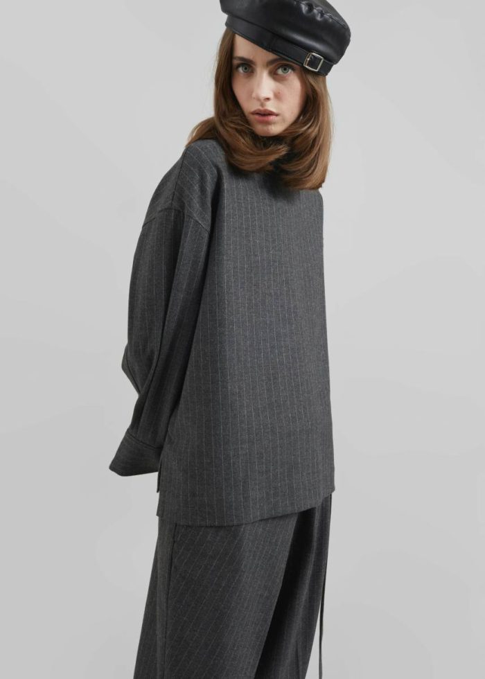 Grey The Frankie Shop Tops Women Belton Wool Blend Blouse - Charcoal/White Pinstripe