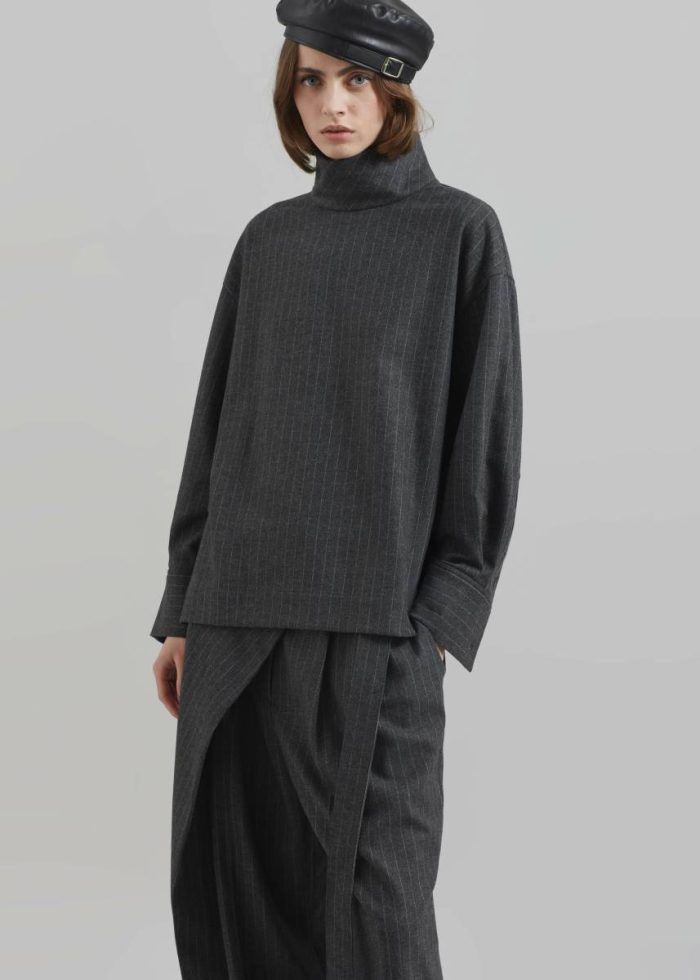 Grey The Frankie Shop Tops Women Belton Wool Blend Blouse - Charcoal/White Pinstripe