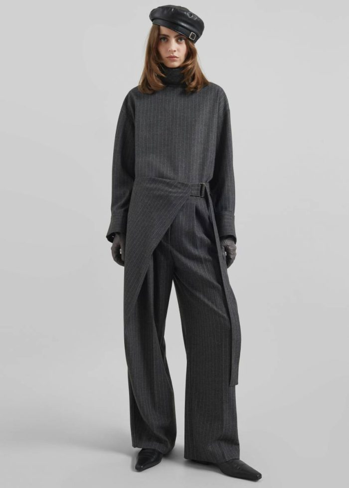 Grey Women The Frankie Shop Belton Wool-Blend Wrap Trousers - Charcoal/White Pinstripe Bottoms