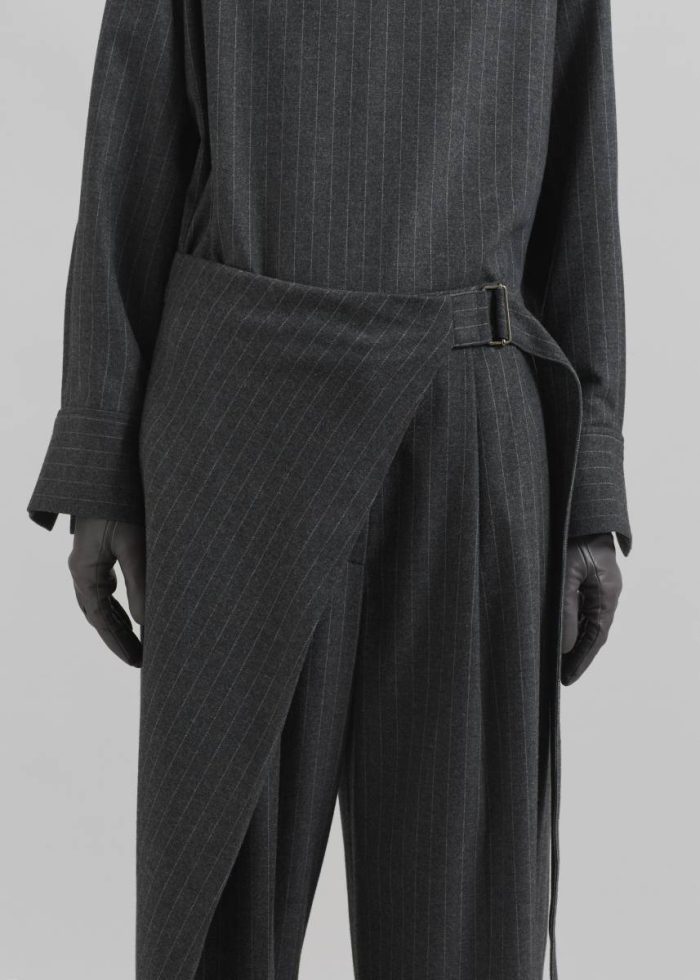 Grey Women The Frankie Shop Belton Wool-Blend Wrap Trousers - Charcoal/White Pinstripe Bottoms