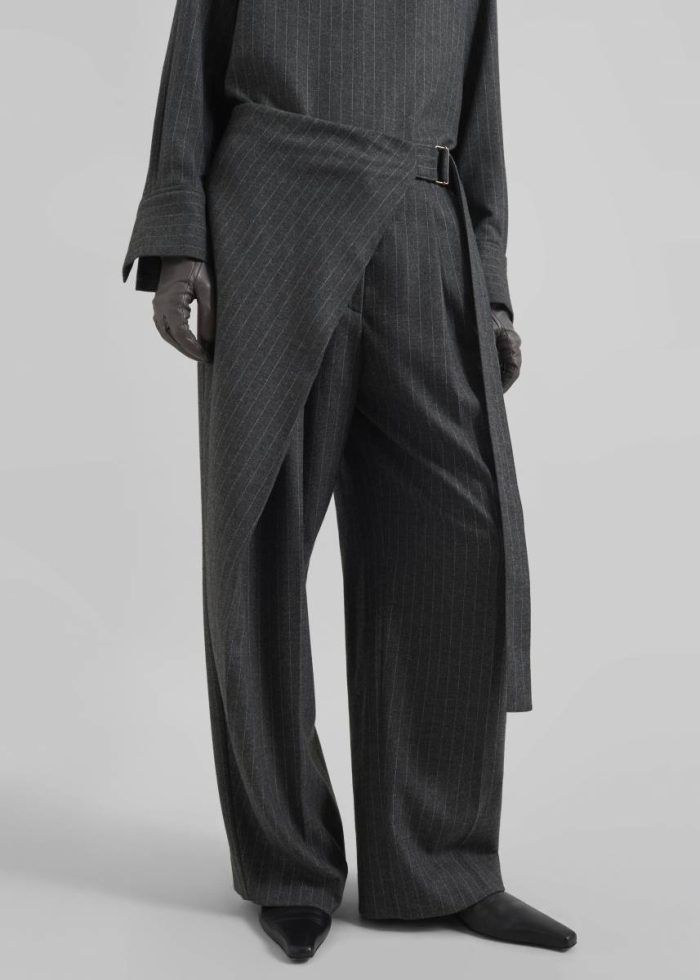 Grey Women The Frankie Shop Belton Wool-Blend Wrap Trousers - Charcoal/White Pinstripe Bottoms