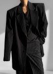Holland Padded Shoulder Blazer - Black/White Pinstripe The Frankie Shop Black Outerwear Women
