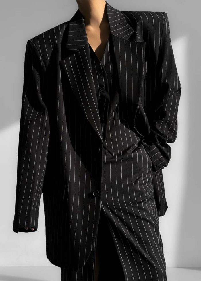 Holland Padded Shoulder Blazer - Black/White Pinstripe The Frankie Shop Black Outerwear Women