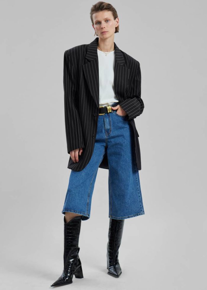 Holland Padded Shoulder Blazer - Black/White Pinstripe The Frankie Shop Black Outerwear Women
