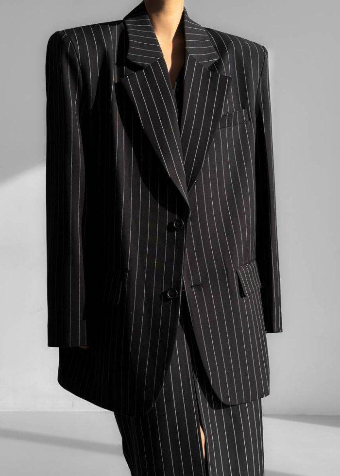 Holland Padded Shoulder Blazer - Black/White Pinstripe The Frankie Shop Black Outerwear Women
