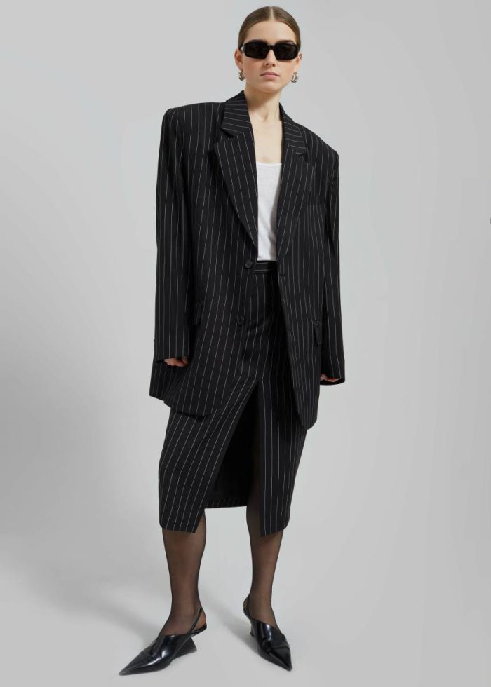 Holland Padded Shoulder Blazer - Black/White Pinstripe The Frankie Shop Black Outerwear Women
