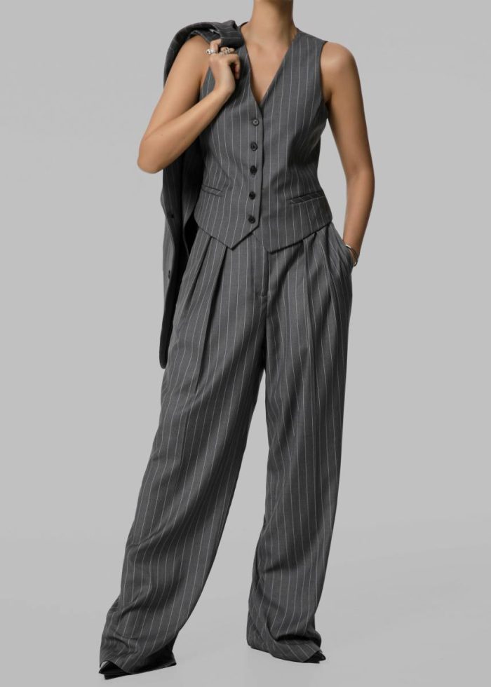 Holland Pleated Trousers - Charcoal/White Pinstripe Grey Bottoms The Frankie Shop Women